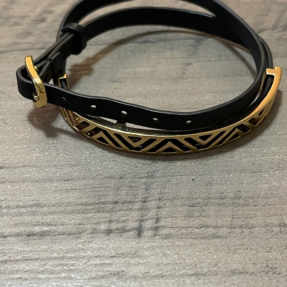 Stella & Dot Double Black Leather And Gold-tone Wrap Bracelet